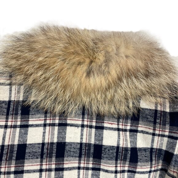 Jenni Kayne Flannel Checked Coyote Fur Collar Full Zip Jacket Navy Ivory M - Picture 7 of 12
